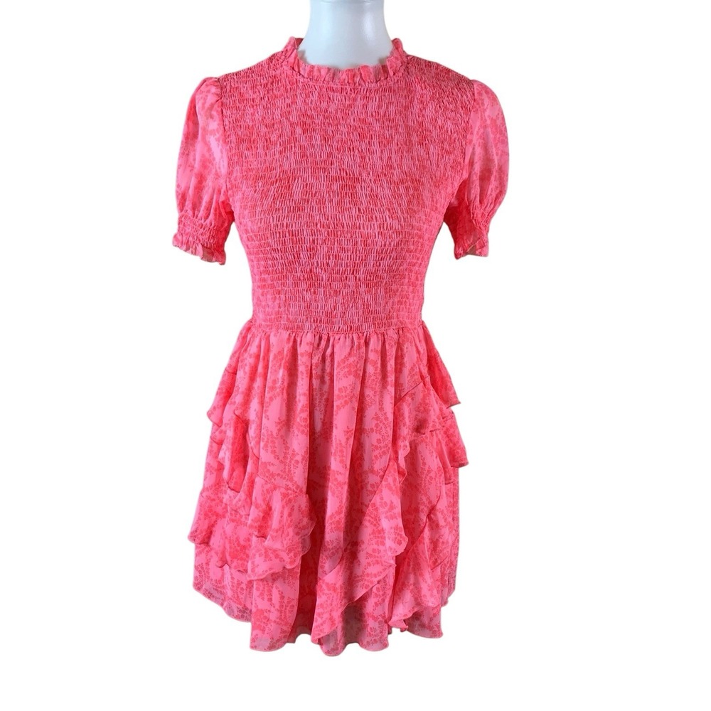 Olivaceous Pink Smocked Ruffle Mini Dress Short Sleeve Tiered Medium